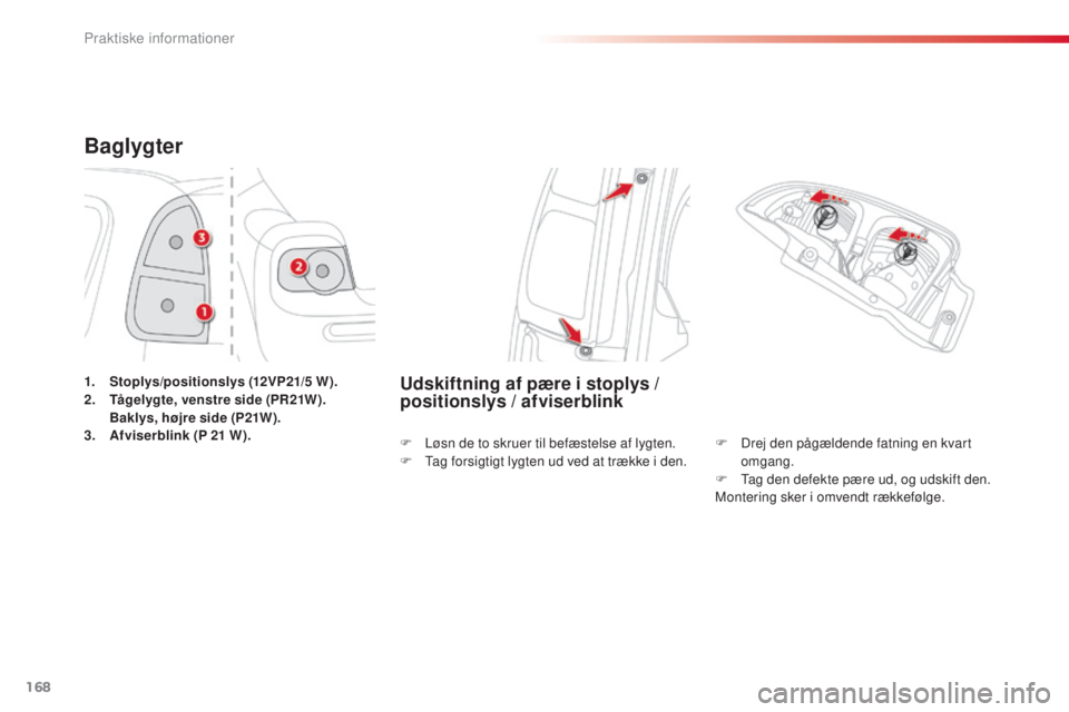 CITROEN C3 PICASSO 2015 InstruktionsbØger (in Danish) 168
C3Picasso_da_Chap11_informations-pratiques_ed01-2014
Baglygter
1. Stoplys/positionslys (12VP21/5 W).
2. T ågelygte, venstre side (PR21W).
B
aklys, højre side (P21W).
3.
A
fviserblink (P CITROEN C3 PICASSO 2015 InstruktionsbØger (in Danish) 168
C3Picasso_da_Chap11_informations-pratiques_ed01-2014
Baglygter
1. Stoplys/positionslys (12VP21/5 W).
2. T ågelygte, venstre side (PR21W).
B
aklys, højre side (P21W).
3.
A
fviserblink (P