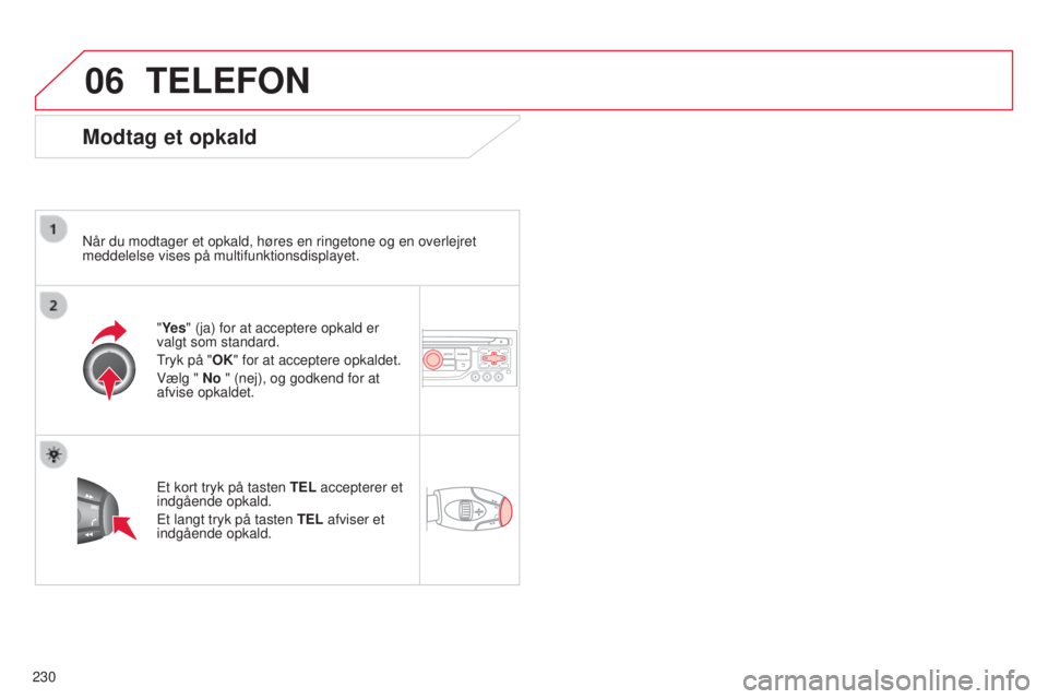 CITROEN C3 PICASSO 2015 InstruktionsbØger (in Danish) 06
230
C3Picasso_da_Chap13b_rt6-2-8_ed01-2014
TELEFON
Modtag et opkald
når du modtager et opkald, høres en ringetone og en overlejret
meddelelse vises på multifunktionsdisplayet.
"
Ye s" ( CITROEN C3 PICASSO 2015 InstruktionsbØger (in Danish) 06
230
C3Picasso_da_Chap13b_rt6-2-8_ed01-2014
TELEFON
Modtag et opkald
når du modtager et opkald, høres en ringetone og en overlejret
meddelelse vises på multifunktionsdisplayet.
"
Ye s" (