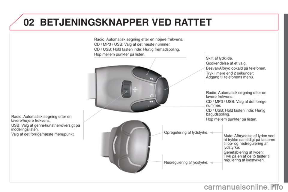 CITROEN C3 PICASSO 2015 InstruktionsbØger (in Danish) 02
257
C3Picasso_da_Chap13c_rD45_ed01_2014
BETJENINGSKNAPPER VED RATTET
radio: Automatisk søgning efter en højere frekvens.
CD / MP3 / usb : Valg af det næste nummer.
CD /
usb : Hold tasten ind CITROEN C3 PICASSO 2015 InstruktionsbØger (in Danish) 02
257
C3Picasso_da_Chap13c_rD45_ed01_2014
BETJENINGSKNAPPER VED RATTET
radio: Automatisk søgning efter en højere frekvens.
CD / MP3 / usb : Valg af det næste nummer.
CD /
usb : Hold tasten ind