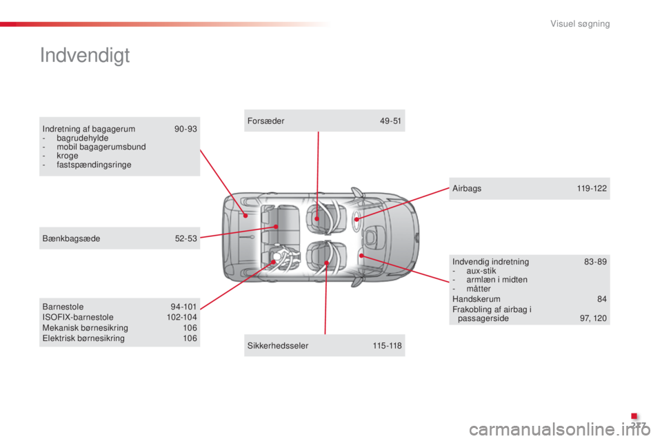 CITROEN C3 PICASSO 2015  InstruktionsbØger (in Danish) 277
C3Picasso_da_Chap14_recherche-visuelle_ed01-2014
Indretning af bagagerum 90-93
-  bagrudehylde
-
 m

obil bagagerumsbund
-
  kroge
-
 

fastspændingsringe
Indvendigt
barnestole 9 4-101
Is oF IX-b