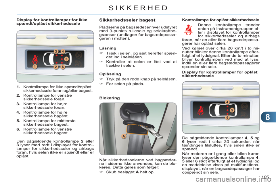 CITROEN C3 PICASSO 2012  InstruktionsbØger (in Danish) 8
105
SIKKERHED
   
 
1. 
  Kontrollampe for ikke spændt/oplåst 
sikkerhedssele foran og/eller bagest. 
   
2. 
  Kontrollampe for venstre 
sikkerhedssele foran. 
   
3. 
  Kontrollampe for højre 
