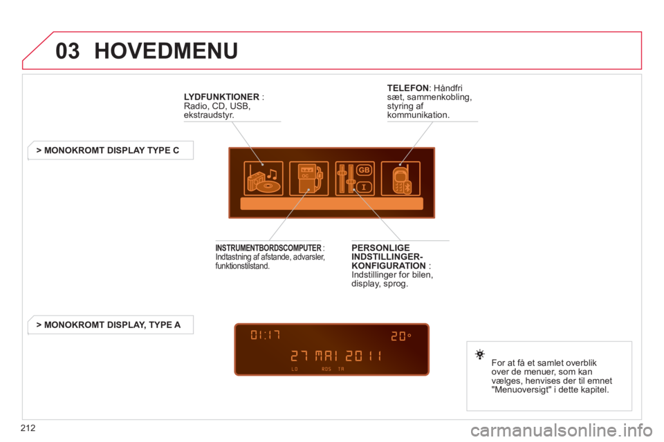 CITROEN C3 PICASSO 2012  InstruktionsbØger (in Danish) 212
03  HOVEDMENU 
 
 
LYDFUNKTIONER: Radio, CD, USB, ekstraudstyr.
   
 
 
 
 
 
 
 
> MONOKROMT DISPLAY TYPE C
F
or at få et samlet overblik 
over de menuer, som kan
vælges, henvises der til emnet