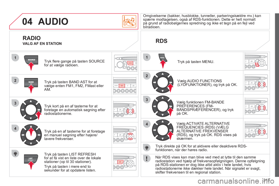CITROEN C3 PICASSO 2012  InstruktionsbØger (in Danish) 213
04
1
2
3
4
1
2
3
4
SOURCE
BANDAST
LISTREFRESH
MENU
  AUDIO 
 
Tryk ﬂ ere gange på tasten SOURCE for at vælge radioen.  
   
Tryk på tasten BAND AST for at 
væl
ge enten FM1, FM2, FMast eller