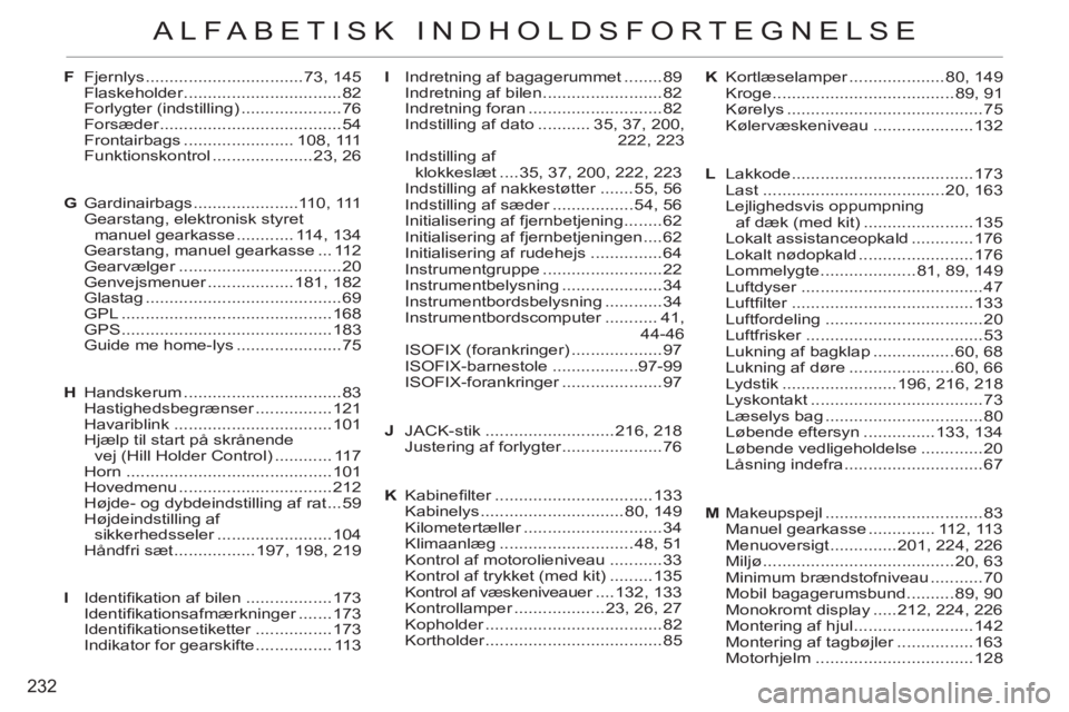 CITROEN C3 PICASSO 2012 InstruktionsbØger (in Danish) 232
ALFABETISK INDHOLDSFORTEGNELSE
F Fjernlys .................................73, 145
Flaskeholder .................................82
Forlygter (indstilling) .....................76
Forsæder ... CITROEN C3 PICASSO 2012 InstruktionsbØger (in Danish) 232
ALFABETISK INDHOLDSFORTEGNELSE
F Fjernlys .................................73, 145
Flaskeholder .................................82
Forlygter (indstilling) .....................76
Forsæder ...