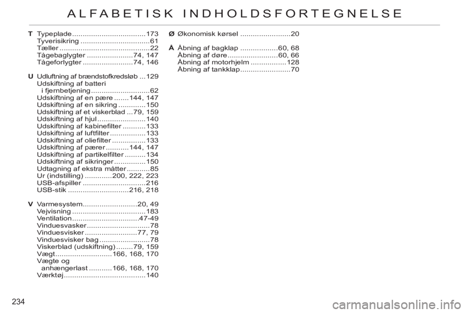 CITROEN C3 PICASSO 2012 InstruktionsbØger (in Danish) 234
ALFABETISK INDHOLDSFORTEGNELSE
T Typeplade ...................................173
Tyverisikring .................................61
Tæller ...........................................22
Tågeba CITROEN C3 PICASSO 2012 InstruktionsbØger (in Danish) 234
ALFABETISK INDHOLDSFORTEGNELSE
T Typeplade ...................................173
Tyverisikring .................................61
Tæller ...........................................22
Tågeba