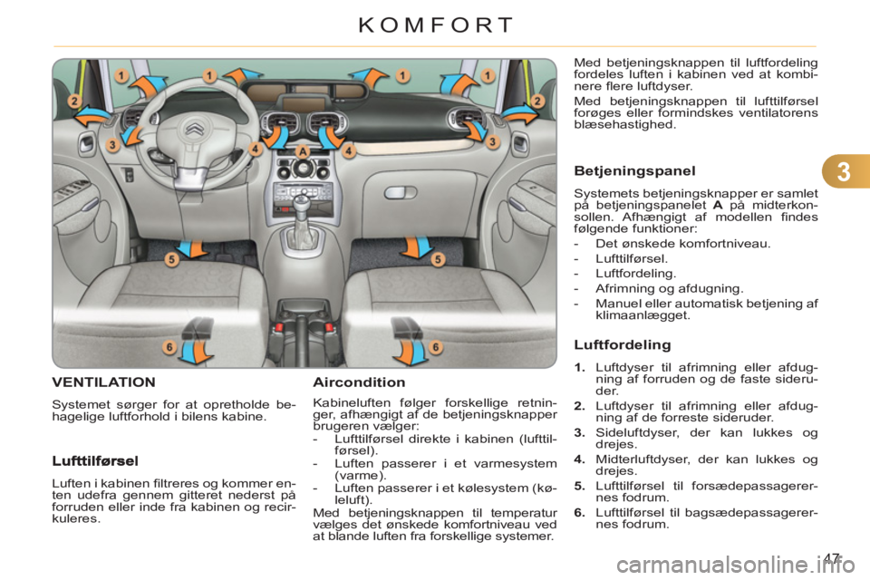 CITROEN C3 PICASSO 2012  InstruktionsbØger (in Danish) 3
47
KOMFORT
VENTILATION 
  Systemet sørger for at opretholde be-
hagelige luftforhold i bilens kabine. 
Aircondition
  Kabineluften følger forskellige retnin-
ger, afhængigt af de betjeningsknappe