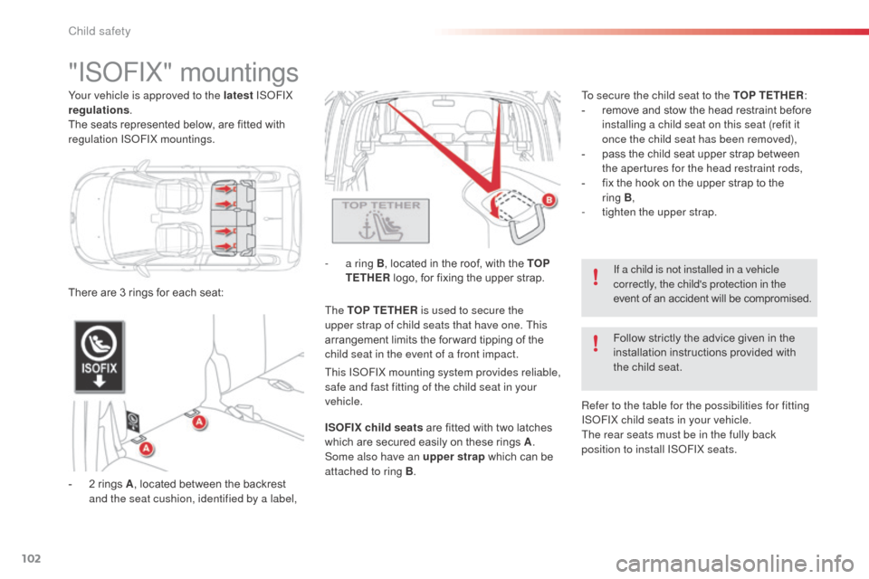 Citroen C3 PICASSO RHD 2015 1.G Owners Manual 102
"ISOFIX" mountings
- 2 rings A, located between the backrest
and the seat cushion, identified by a label, -
a r
ing B
, located in the roof, with the TOP
TETHER logo, for fixing the upper st Citroen C3 PICASSO RHD 2015 1.G Owners Manual 102
"ISOFIX" mountings
- 2 rings A, located between the backrest
and the seat cushion, identified by a label, -
a r
ing B
, located in the roof, with the TOP
TETHER logo, for fixing the upper st