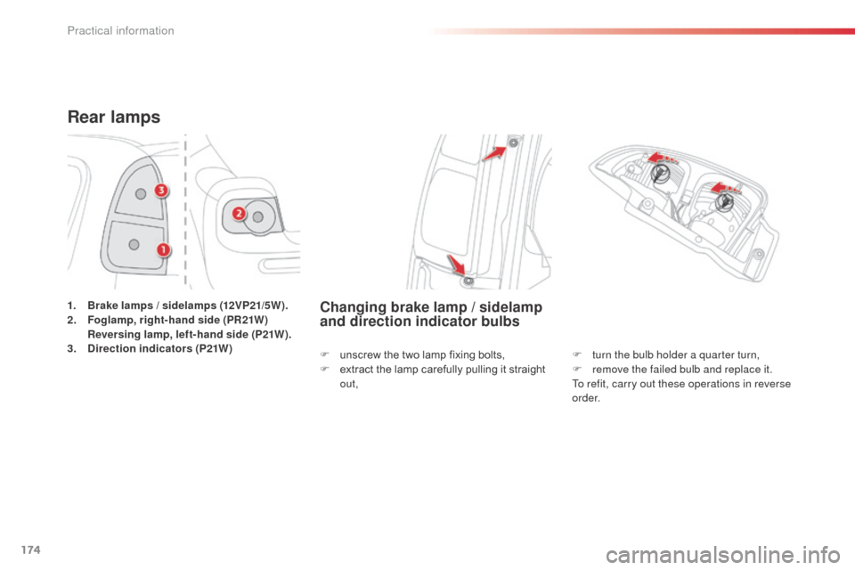 Citroen C3 PICASSO RHD 2015 1.G Owners Manual 174
Rear lamps
1. Brake lamps / sidelamps (12VP21/5W).
2. Foglamp, right-hand side (PR21W)
R
eversing lamp, left-hand side (P21W).
3.
D
irection indicators (P21W)Changing brake lamp / sidelamp
Citroen C3 PICASSO RHD 2015 1.G Owners Manual 174
Rear lamps
1. Brake lamps / sidelamps (12VP21/5W).
2. Foglamp, right-hand side (PR21W)
R
eversing lamp, left-hand side (P21W).
3.
D
irection indicators (P21W)Changing brake lamp / sidelamp