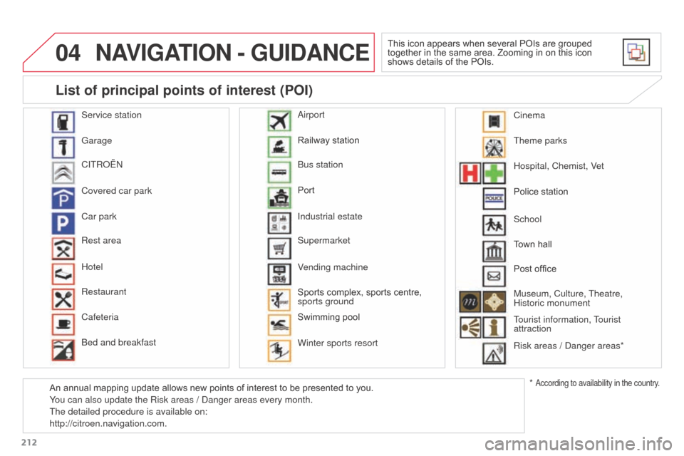 Citroen C3 PICASSO RHD 2015 1.G Owners Guide 04
212
NAVIGATION - GUIDANCE
This icon appears when several POIs are grouped
together in the same area. Zooming in on this icon
shows details of the POIs.
Service station
Garage
CITROËN
Covered car Citroen C3 PICASSO RHD 2015 1.G Owners Guide 04
212
NAVIGATION - GUIDANCE
This icon appears when several POIs are grouped
together in the same area. Zooming in on this icon
shows details of the POIs.
Service station
Garage
CITROËN
Covered car