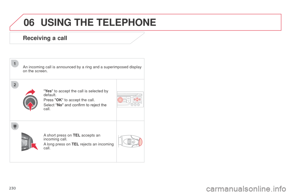 Citroen C3 PICASSO RHD 2015 1.G Owners Manual 06
230
USING THE TELEPHONE
Receiving a call
An incoming call is announced by a ring and a superimposed display
on the screen."Ye s" to accept the call is selected by
default.
Press "OK" to accept th Citroen C3 PICASSO RHD 2015 1.G Owners Manual 06
230
USING THE TELEPHONE
Receiving a call
An incoming call is announced by a ring and a superimposed display
on the screen."Ye s" to accept the call is selected by
default.
Press "OK" to accept th