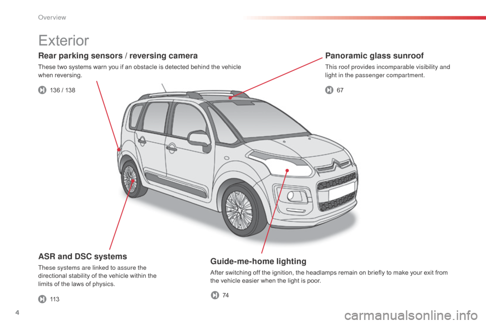 Citroen C3 PICASSO RHD 2015 1.G Owners Manual 4
Guide-me-home lighting
After switching off the ignition, the headlamps remain on briefly to make your exit from 
the vehicle easier when the light is poor.
ASR and DSC systems
These systems are link