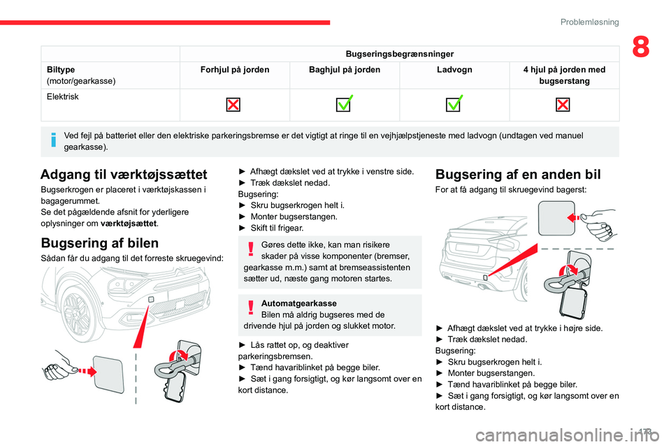 CITROEN C4 2021 InstruktionsbØger (in Danish) 173
Problemløsning
8Bugseringsbegrænsninger
Biltype
(motor/gearkasse) Forhjul på jorden Baghjul på jorden
Ladvogn4 hjul på jorden med
bugserstang
Elektrisk
Ved fejl på batteriet elle CITROEN C4 2021 InstruktionsbØger (in Danish) 173
Problemløsning
8Bugseringsbegrænsninger
Biltype
(motor/gearkasse) Forhjul på jorden Baghjul på jorden
Ladvogn4 hjul på jorden med
bugserstang
Elektrisk
Ved fejl på batteriet elle