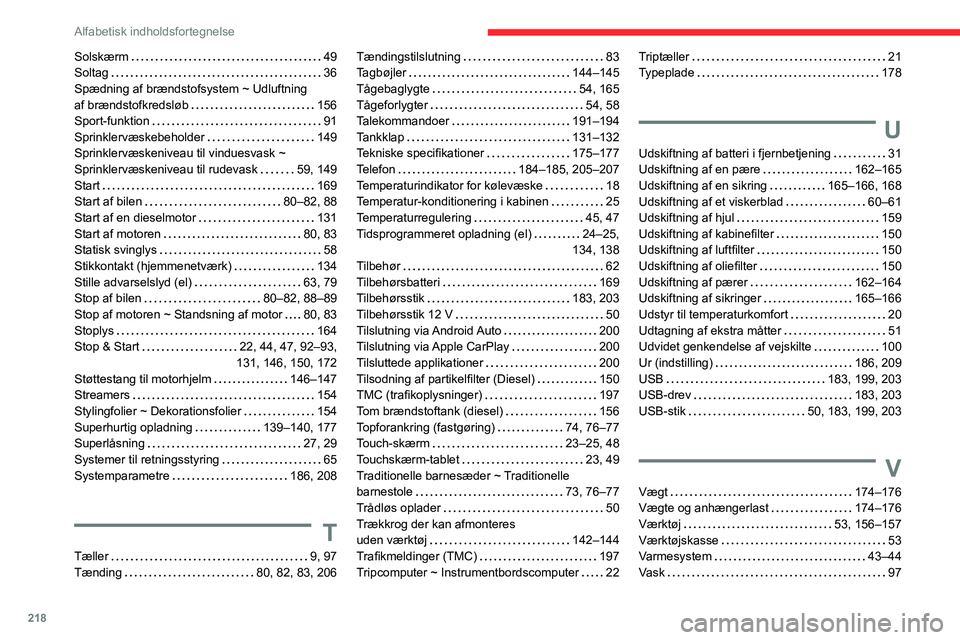 CITROEN C4 2021 InstruktionsbØger (in Danish) 218
Alfabetisk indholdsfortegnelse
Solskærm 49
Soltag
36
Spædning af brændstofsystem ~ Udluftning
af brændstofkredsløb
156
Sport-funktion
91
Sprinklervæskebeholder
149
S CITROEN C4 2021 InstruktionsbØger (in Danish) 218
Alfabetisk indholdsfortegnelse
Solskærm 49
Soltag
36
Spædning af brændstofsystem ~ Udluftning
af brændstofkredsløb
156
Sport-funktion
91
Sprinklervæskebeholder
149
S