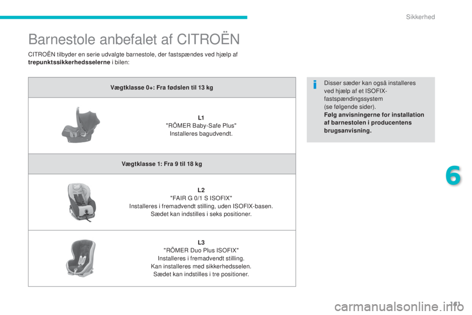 CITROEN C4 AIRCROSS 2016 InstruktionsbØger (in Danish) 161
C4-Aircross_da_Chap06_securite_ed01-2014
barnestole anbefalet af CItroËn
Vægtklasse 0+: Fra fødslen til 13 kg
L1
"rÖ
ME
r
b
a
by-
sa
fe Plus"
Installeres bagudvendt.
Vægtkla CITROEN C4 AIRCROSS 2016 InstruktionsbØger (in Danish) 161
C4-Aircross_da_Chap06_securite_ed01-2014
barnestole anbefalet af CItroËn
Vægtklasse 0+: Fra fødslen til 13 kg
L1
"rÖ
ME
r
b
a
by-
sa
fe Plus"
Installeres bagudvendt.
Vægtkla
