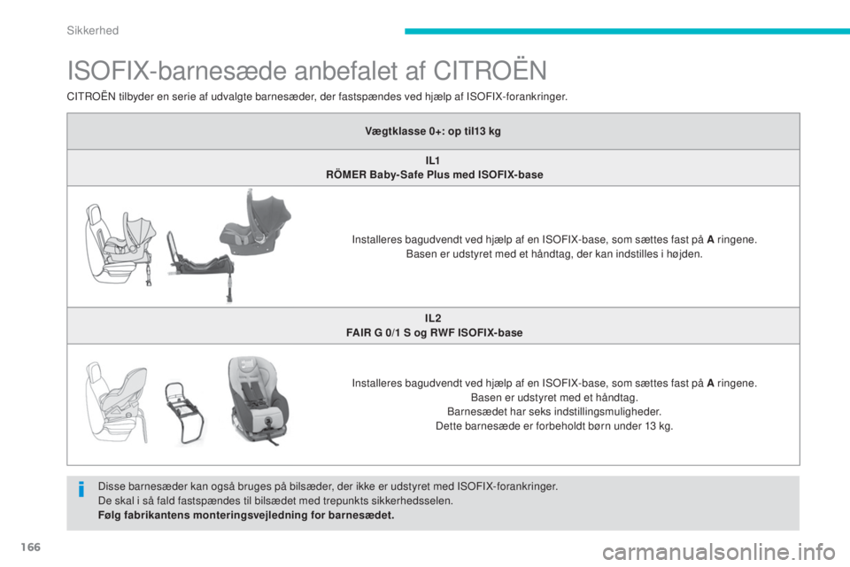 CITROEN C4 AIRCROSS 2016 InstruktionsbØger (in Danish) 166
C4-Aircross_da_Chap06_securite_ed01-2014
IsoFIX-barnesæde anbefalet af CItroËn
Disse barnesæder kan også bruges på bilsæder, der ikke er udstyret med Is oF IX-forankringer.
De skal i så fal CITROEN C4 AIRCROSS 2016 InstruktionsbØger (in Danish) 166
C4-Aircross_da_Chap06_securite_ed01-2014
IsoFIX-barnesæde anbefalet af CItroËn
Disse barnesæder kan også bruges på bilsæder, der ikke er udstyret med Is oF IX-forankringer.
De skal i så fal