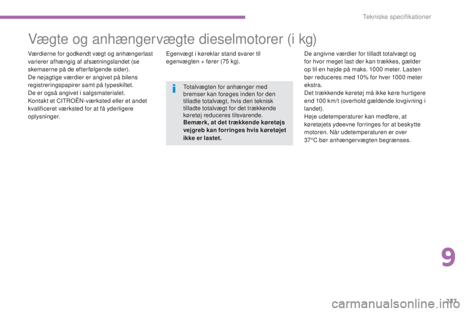 CITROEN C4 AIRCROSS 2016  InstruktionsbØger (in Danish) 227
C4-Aircross_da_Chap09_caracteristiques-techniques_ed01-2014
Vægte og anhængervægte dieselmotorer (i kg)
Værdierne for godkendt vægt og anhængerlast 
varierer afhængig af afsætningslandet (