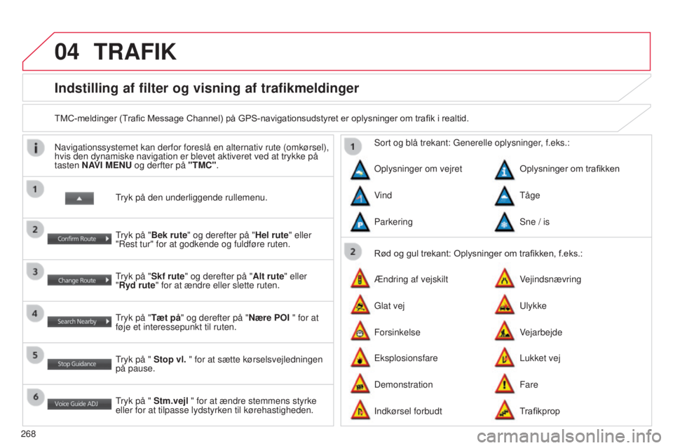 CITROEN C4 AIRCROSS 2016 InstruktionsbØger (in Danish) 04
268
C4-Aircross_da_Chap10b_Mitsu6_ed01-2014
Indstilling af filter og visning af trafikmeldinger
TMC-meldinger (Trafic Message Channel) på GPS-navigationsudstyret er oplysninger om trafik i realtid CITROEN C4 AIRCROSS 2016 InstruktionsbØger (in Danish) 04
268
C4-Aircross_da_Chap10b_Mitsu6_ed01-2014
Indstilling af filter og visning af trafikmeldinger
TMC-meldinger (Trafic Message Channel) på GPS-navigationsudstyret er oplysninger om trafik i realtid