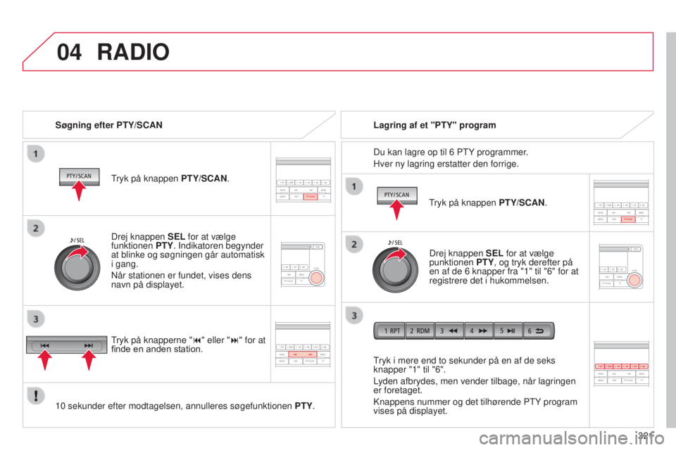CITROEN C4 AIRCROSS 2016 InstruktionsbØger (in Danish) 04
321
C4-Aircross_da_Chap10d_Mitsu4_ed01-2014
RADIO
Søgning efter PTY/SCAN
tryk på knappen PTY/SCAN
.
10
sekunder efter modtagelsen, annulleres søgefunktionen PTY.
tryk i mere end to sekunde CITROEN C4 AIRCROSS 2016 InstruktionsbØger (in Danish) 04
321
C4-Aircross_da_Chap10d_Mitsu4_ed01-2014
RADIO
Søgning efter PTY/SCAN
tryk på knappen PTY/SCAN
.
10
sekunder efter modtagelsen, annulleres søgefunktionen PTY.
tryk i mere end to sekunde