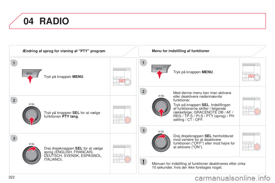CITROEN C4 AIRCROSS 2016 InstruktionsbØger (in Danish) 04
322
C4-Aircross_da_Chap10d_Mitsu4_ed01-2014
RADIO
Ændring af sprog for visning af "PTY" programMenu for indstilling af funktioner
Med denne menu kan man aktivere
eller deaktivere nedennæ CITROEN C4 AIRCROSS 2016 InstruktionsbØger (in Danish) 04
322
C4-Aircross_da_Chap10d_Mitsu4_ed01-2014
RADIO
Ændring af sprog for visning af "PTY" programMenu for indstilling af funktioner
Med denne menu kan man aktivere
eller deaktivere nedennæ