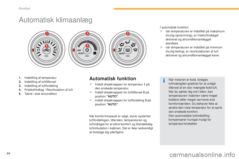 CITROEN C4 AIRCROSS 2016  InstruktionsbØger (in Danish) 84
C4-Aircross_da_Chap03_confort_ed01-2014
Automatisk klimaanlæg
1. Indstilling af temperatur
2. Indstilling af lufttilførsel
3.
 I

ndstilling af luftfordeling
4.
 F

riskluftindtag /  r
e
 cirkula