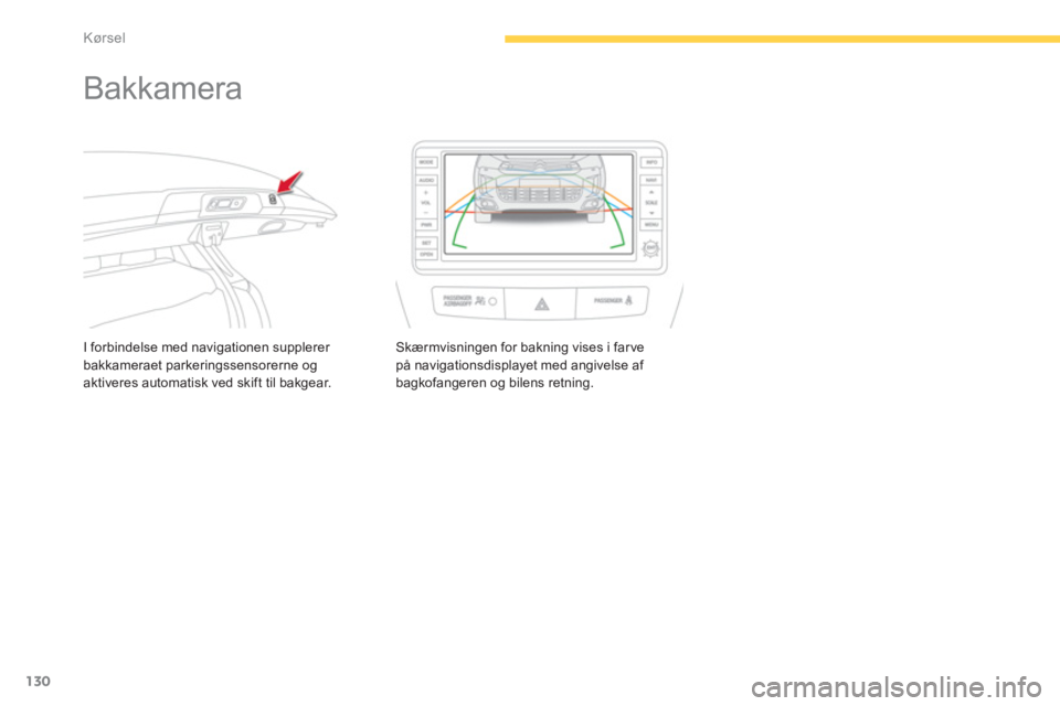 CITROEN C4 AIRCROSS 2013  InstruktionsbØger (in Danish) 130
Kørsel
   
 
 
 
 
Bakkamera 
I forbindelse med navigationen supplerer bakkameraet parkeringssensorerne ogaktiveres automatisk ved skift til bakgear.Skærmvisnin
gen for bakning vises i far ve p�