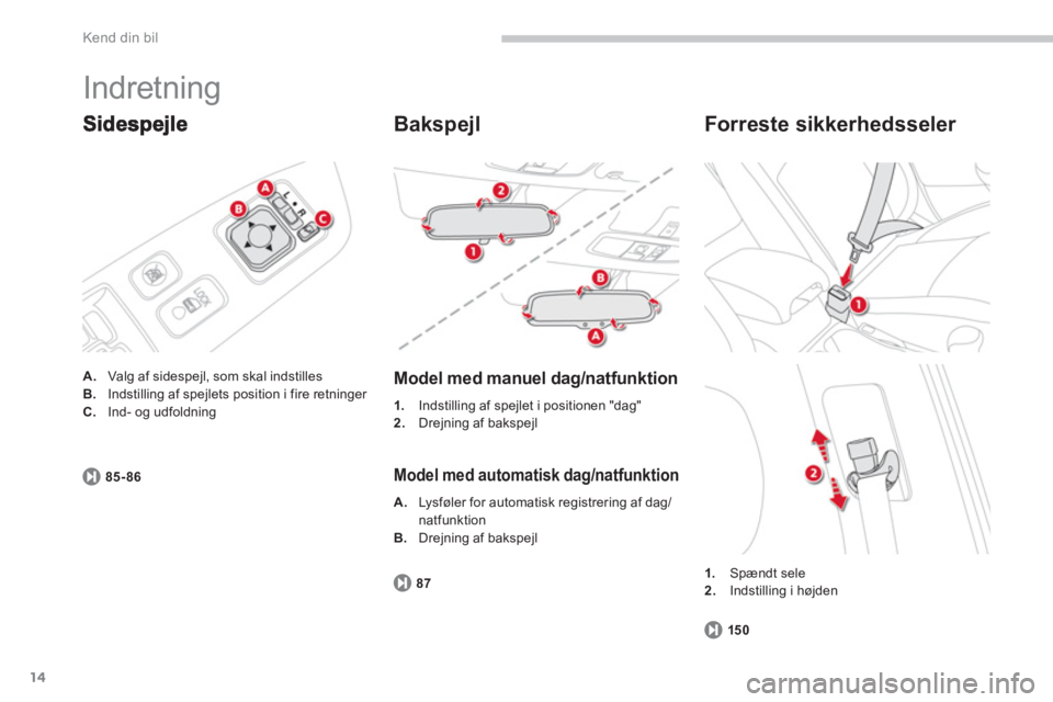 CITROEN C4 AIRCROSS 2013 InstruktionsbØger (in Danish) 14
Kend din bil
Indretning
A.
Valg af sidespejl, som skal indstillesB.Indstilling af spejlets position i fire retninger C.Ind- og udfoldning
85-86
Bakspejl
Model med manuel dag/natfun CITROEN C4 AIRCROSS 2013 InstruktionsbØger (in Danish) 14
Kend din bil
Indretning
A.
Valg af sidespejl, som skal indstillesB.Indstilling af spejlets position i fire retninger C.Ind- og udfoldning
85-86
Bakspejl
Model med manuel dag/natfun