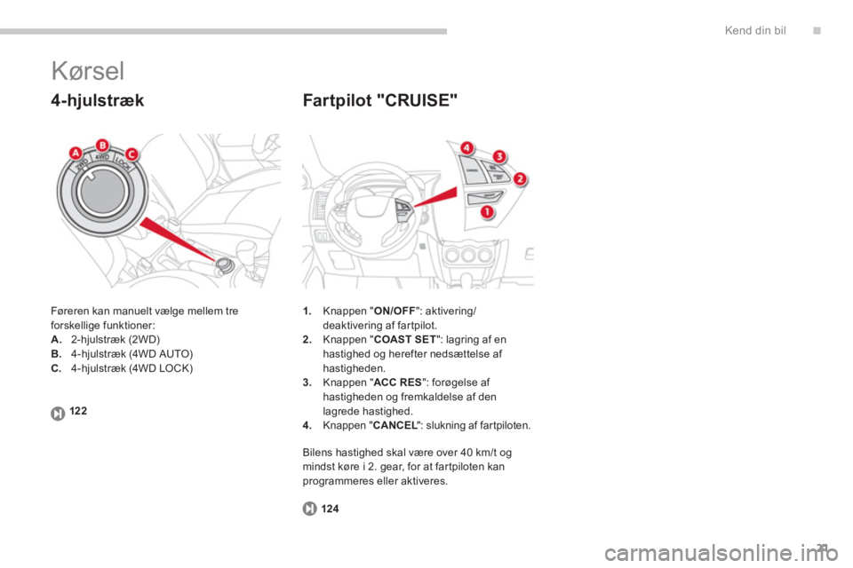 CITROEN C4 AIRCROSS 2013  InstruktionsbØger (in Danish) .
21
Kend din bil
  Kørsel 
 
Føreren kan manuelt vælge mellem tre 
forskellige funktioner: 
A.2-hjulstræk (2WD) 
B.4-hjulstræk (4WD AUTO) C.4-hjulstræk (4WD LOCK)
   
4-hjulstræk
1.Knappen " O