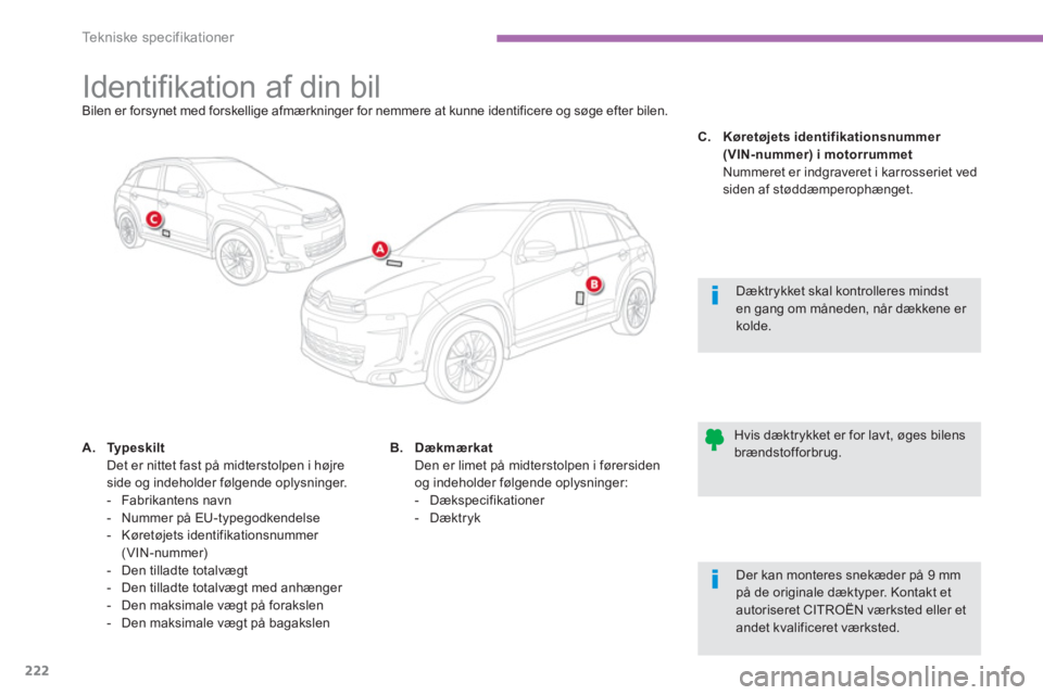 CITROEN C4 AIRCROSS 2013 InstruktionsbØger (in Danish) 222
Te k n i s k e s p e c i f i k a t i o n e r
Identifikation af din bil Bilen er forsynet med forskellige afmærkninger for nemmere at kunne identificere CITROEN C4 AIRCROSS 2013 InstruktionsbØger (in Danish) 222
Te k n i s k e s p e c i f i k a t i o n e r
Identifikation af din bil Bilen er forsynet med forskellige afmærkninger for nemmere at kunne identificere