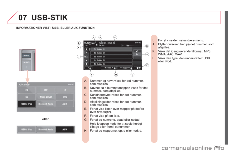 CITROEN C4 AIRCROSS 2013  InstruktionsbØger (in Danish) 265
07USB-STIK
Nummer og navn vises for det nummer,    
 
 
A.  som afspilles. 
Navnet på albummet/mappen vises for detB.  nummer, som afspilles. 
Kunstnernavnet vises for det nummer, C.  som afspill
