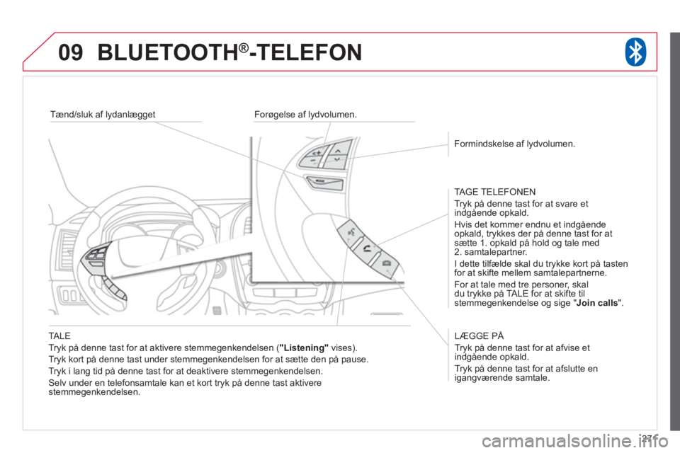 CITROEN C4 AIRCROSS 2013 InstruktionsbØger (in Danish) 271
09BLUETOOTH®-TELEFON
TALE
Tryk på denne tast for at aktivere stemmegenkendelsen (
"Listening" vises).
Tr
yk kort på denne tast under stemmegenkendelsen for at sætte den på pause.
Tr CITROEN C4 AIRCROSS 2013 InstruktionsbØger (in Danish) 271
09BLUETOOTH®-TELEFON
TALE
Tryk på denne tast for at aktivere stemmegenkendelsen (
"Listening" vises).
Tr
yk kort på denne tast under stemmegenkendelsen for at sætte den på pause.
Tr