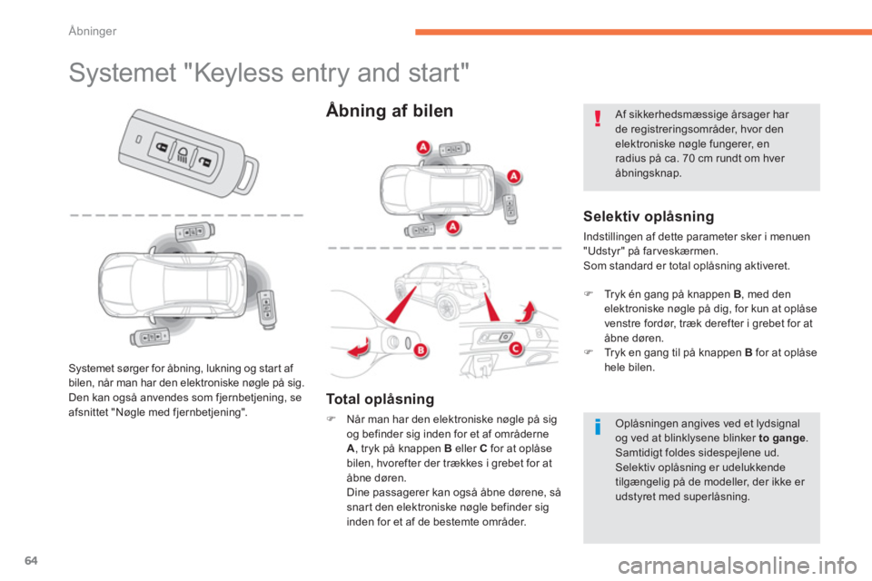 CITROEN C4 AIRCROSS 2013  InstruktionsbØger (in Danish) 64
Åbninger
   
 
 
 
 
 
 
 
 
 
 
 
 
 
 
 
 
 
 
 
 
 
 
Systemet "Keyless entry and start" 
 
 
Selektiv oplåsning 
 
Indstillingen af dette parameter sker i menuen
"Udstyr" på farveskærmen.
 