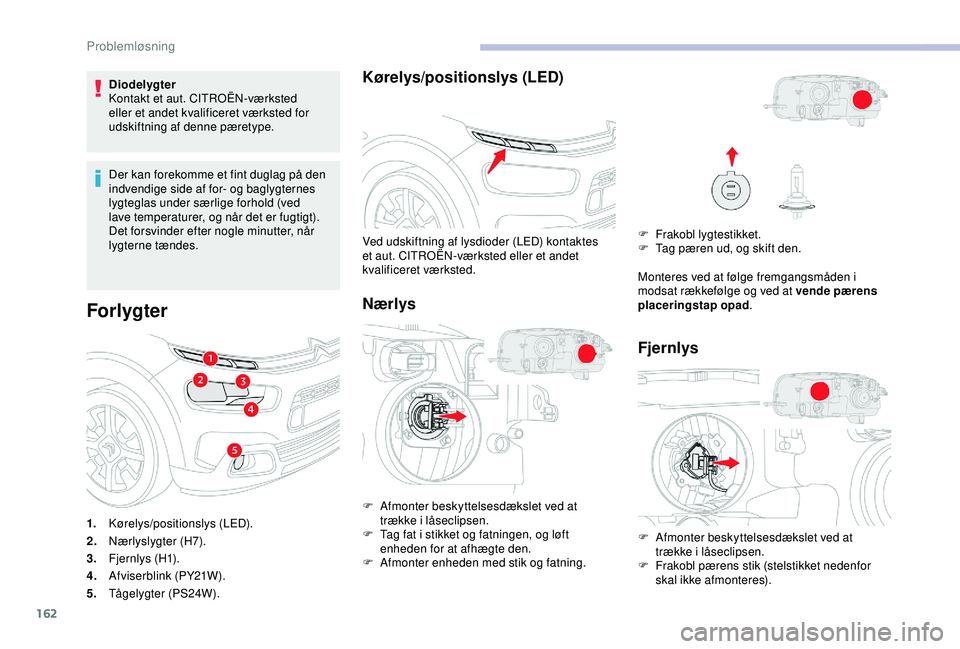 CITROEN C4 CACTUS 2019 InstruktionsbØger (in Danish) 162
Diodelygter
Kontakt et aut. CITROËN-værksted
eller et andet kvalificeret værksted for
udskiftning af denne pæretype.
Der kan forekomme et fint duglag på den
indvendige side af for- og bagl CITROEN C4 CACTUS 2019 InstruktionsbØger (in Danish) 162
Diodelygter
Kontakt et aut. CITROËN-værksted
eller et andet kvalificeret værksted for
udskiftning af denne pæretype.
Der kan forekomme et fint duglag på den
indvendige side af for- og bagl