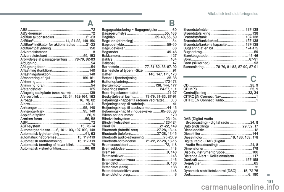 CITROEN C4 CACTUS 2019 InstruktionsbØger (in Danish) 181
AABS .................................................................72
ABS-bremser .................................................. 72
AdBlue aktionsradius
................................ CITROEN C4 CACTUS 2019 InstruktionsbØger (in Danish) 181
AABS .................................................................72
ABS-bremser .................................................. 72
AdBlue aktionsradius
................................