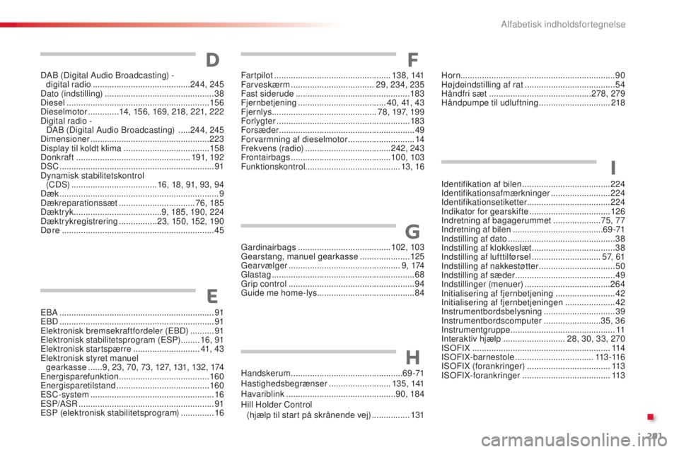 CITROEN C4 CACTUS 2018  InstruktionsbØger (in Danish) 291
C4-cactus_da_Chap11_index-alpha_ed01-2016
EBA .................................................................91
EBD ........ ......................................................... 91
Elektron