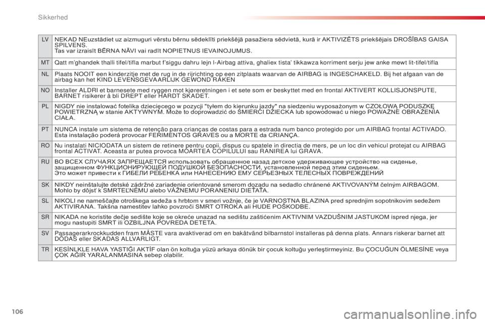 CITROEN C4 CACTUS 2016 InstruktionsbØger (in Danish) 106
LVNEK AD NEuzstādiet uz aizmuguri vērstu bērnu sēdeklīti priekšējā pasažiera sēdvietā, kurā ir AKTIVIZĒTS priekšējais DROŠĪBAS GAISA
S P I LV E N S .
Tas var izraisīt BĒRNA NĀ CITROEN C4 CACTUS 2016 InstruktionsbØger (in Danish) 106
LVNEK AD NEuzstādiet uz aizmuguri vērstu bērnu sēdeklīti priekšējā pasažiera sēdvietā, kurā ir AKTIVIZĒTS priekšējais DROŠĪBAS GAISA
S P I LV E N S .
Tas var izraisīt BĒRNA NĀ