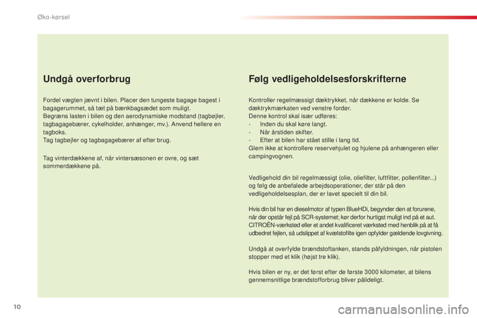 CITROEN C4 CACTUS 2016  InstruktionsbØger (in Danish) 10
C4-cactus_da_Chap00c_eco-conduite_ed01-2015
Undgå overforbrug
Fordel vægten jævnt i bilen. Placer den tungeste bagage bagest i 
bagagerummet, så tæt på bænkbagsædet som muligt.
Begræns las