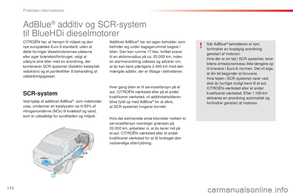 CITROEN C4 CACTUS 2016 InstruktionsbØger (in Danish) 172
C4-cactus_da_Chap07_info-pratiques_ed01-2015
AdBlue® additiv og SCR-system
til BlueHDi dieselmotorer
CITROËN har, af hensyn til miljøet og den
nye europæiske Euro 6 standard, uden at
dette f CITROEN C4 CACTUS 2016 InstruktionsbØger (in Danish) 172
C4-cactus_da_Chap07_info-pratiques_ed01-2015
AdBlue® additiv og SCR-system
til BlueHDi dieselmotorer
CITROËN har, af hensyn til miljøet og den
nye europæiske Euro 6 standard, uden at
dette f