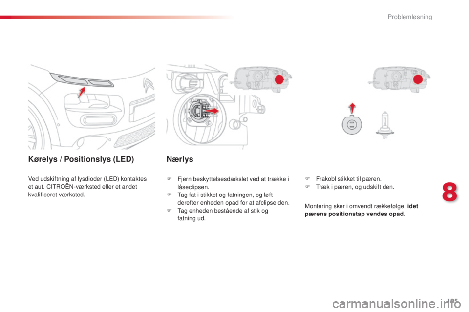 CITROEN C4 CACTUS 2016 InstruktionsbØger (in Danish) 195
C4-cactus_da_Chap08_En-cas-de-panne_ed01-2015
Kørelys / Positionslys (LED)
Ved udskiftning af lysdioder (LED) kontaktes
et aut. CITROËN-værksted eller et andet
kvalificeret værksted.F
F rak CITROEN C4 CACTUS 2016 InstruktionsbØger (in Danish) 195
C4-cactus_da_Chap08_En-cas-de-panne_ed01-2015
Kørelys / Positionslys (LED)
Ved udskiftning af lysdioder (LED) kontaktes
et aut. CITROËN-værksted eller et andet
kvalificeret værksted.F
F rak