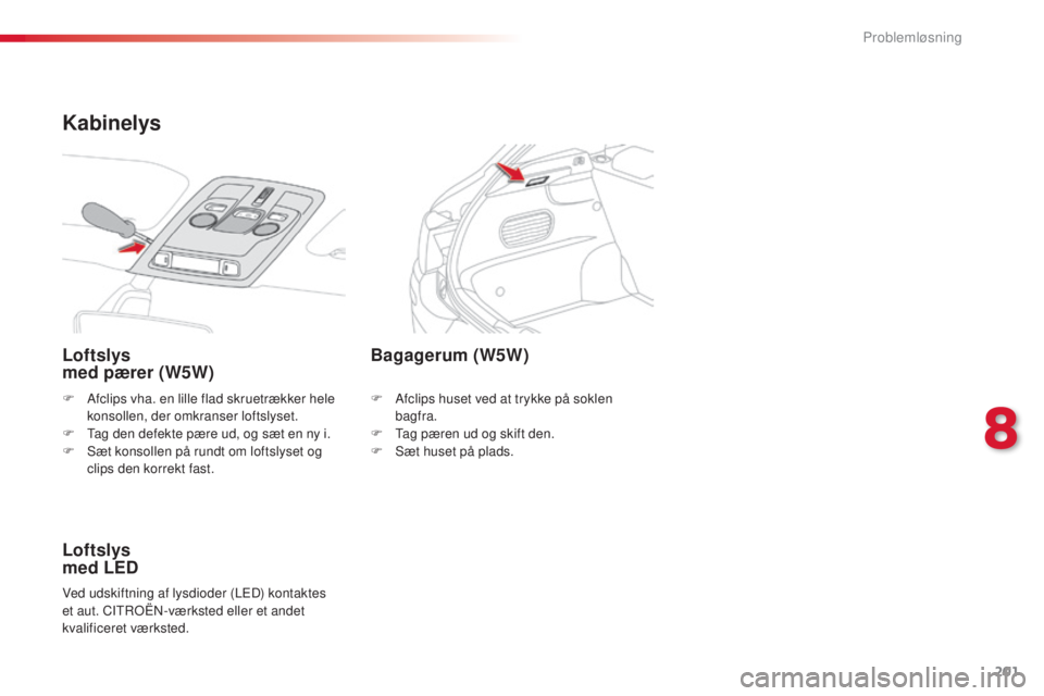 CITROEN C4 CACTUS 2016  InstruktionsbØger (in Danish) 201
C4-cactus_da_Chap08_En-cas-de-panne_ed01-2015
F Afclips vha. en lille flad skruetrækker hele konsollen, der omkranser loftslyset.
F
 
T
 ag den defekte pære ud, og sæt en ny i.
F
 
S
 æt konso