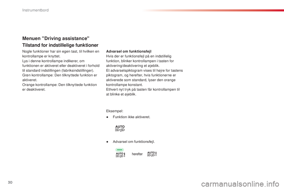 CITROEN C4 CACTUS 2016  InstruktionsbØger (in Danish) 30
C4-cactus_da_Chap01_Instruments-de-bord_ed01-2015
Tilstand for indstillelige funktioner
Advarsel om funktionsfejl
Hvis der er funktionsfejl på en indstillelig 
funktion, blinker kontrollampen i ta