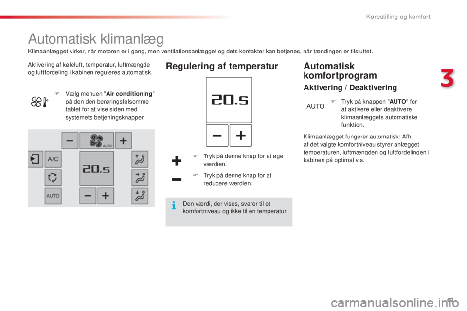 CITROEN C4 CACTUS 2016  InstruktionsbØger (in Danish) 61
C4-cactus_da_Chap03_Ergonomie-et-confort_ed01-2015
Automatisk klimanlæg
Aktivering af køleluft, temperatur, luftmængde 
og luftfordeling i kabinen reguleres automatisk.Regulering af temperatur
F