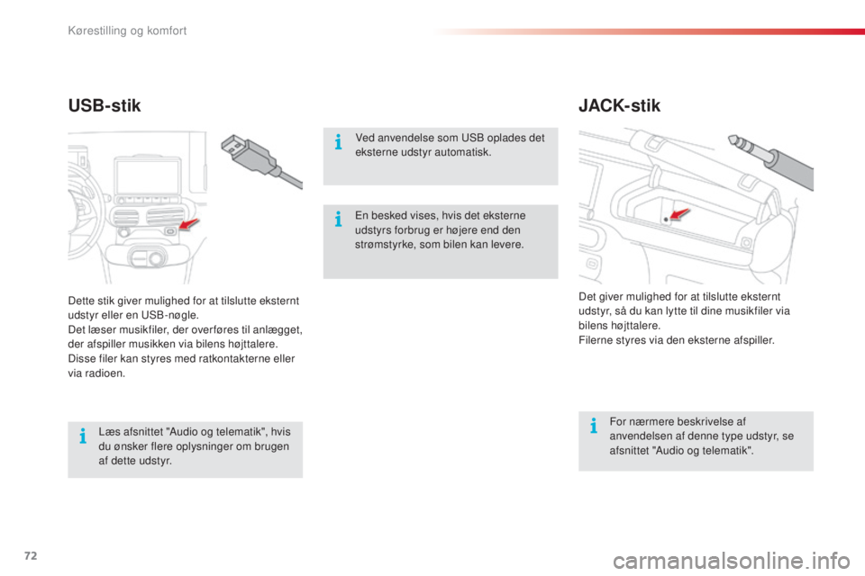 CITROEN C4 CACTUS 2016  InstruktionsbØger (in Danish) 72
C4-cactus_da_Chap03_Ergonomie-et-confort_ed01-2015
JACK- stik
USB-stik
Ved anvendelse som USB oplades det 
eksterne udstyr automatisk.
For nærmere beskrivelse af 
anvendelsen af denne type udstyr,