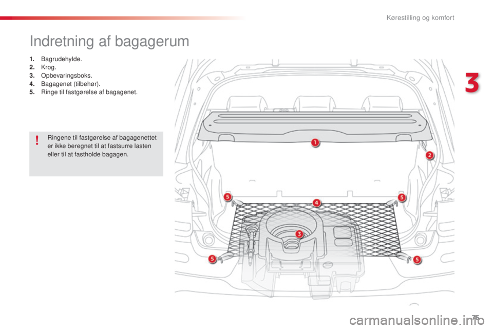 CITROEN C4 CACTUS 2016  InstruktionsbØger (in Danish) 75
C4-cactus_da_Chap03_Ergonomie-et-confort_ed01-2015
Indretning af bagagerum
1. Bagrudehylde.
2. K rog.
3.
 

Opbevaringsboks.
4.
 B

agagenet (tilbehør).
5.
 R

inge til fastgørelse af bagagenet.
