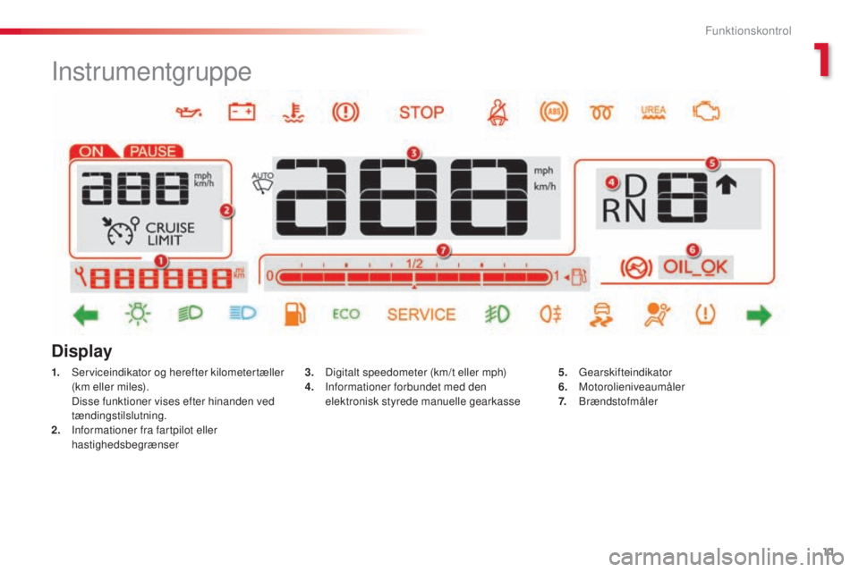 CITROEN C4 CACTUS 2015  InstruktionsbØger (in Danish) 11
C4-cactus_da_Chap01_controle-de-marche_ed02-2014
Instrumentgruppe
1. serviceindikator og herefter kilometertæller (km eller miles).
 D

isse funktioner vises efter hinanden ved 
tændingstilslutni