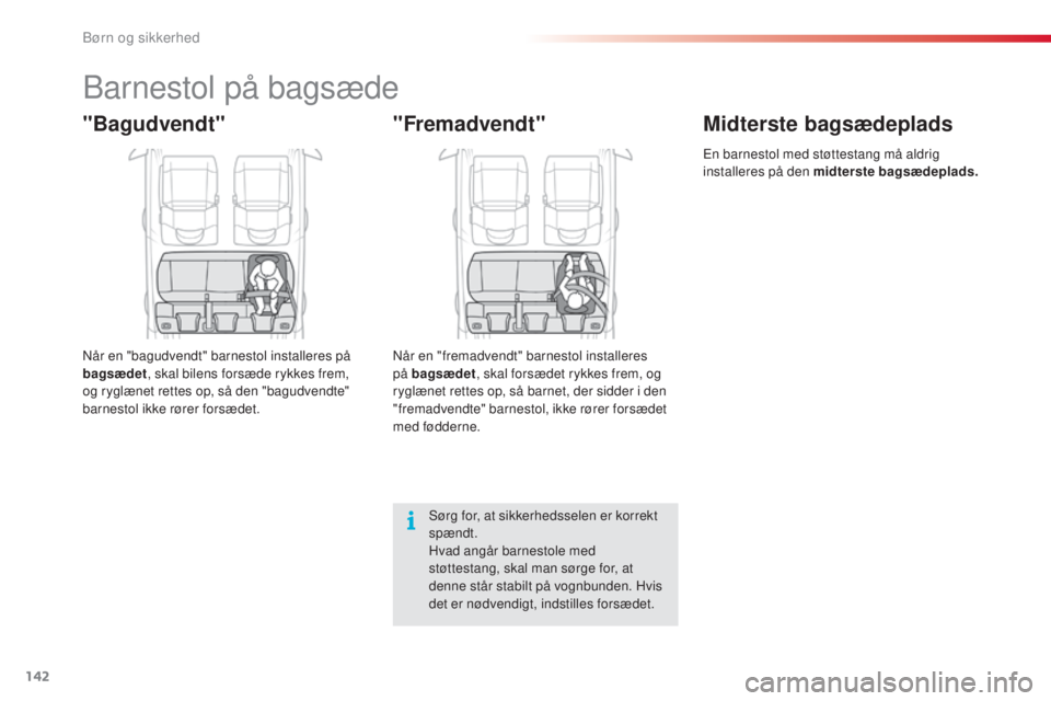 CITROEN C4 CACTUS 2015  InstruktionsbØger (in Danish) 142
C4-cactus_da_Chap08_securite-enfants_ed02-2014
barnestol på bagsæde
"Bagudvendt"
når en "bagudvendt" barnestol installeres på 
bagsædet, skal bilens forsæde rykkes frem, 
og 