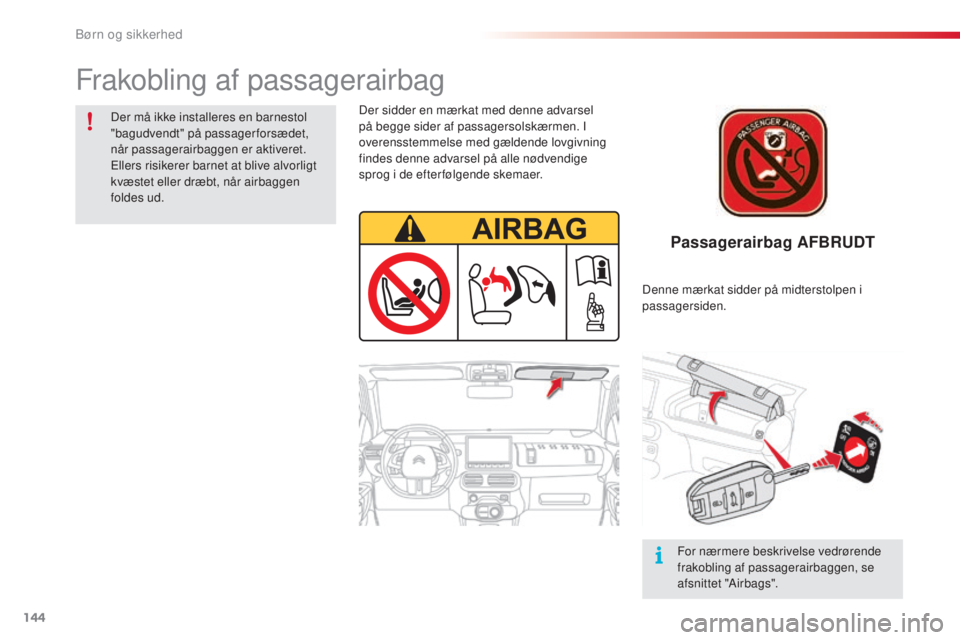 CITROEN C4 CACTUS 2015  InstruktionsbØger (in Danish) 144
C4-cactus_da_Chap08_securite-enfants_ed02-2014
Passagerairbag AFBRUDT
Der sidder en mærkat med denne advarsel 
på begge sider af passagersolskærmen. I 
overensstemmelse med gældende lovgivning