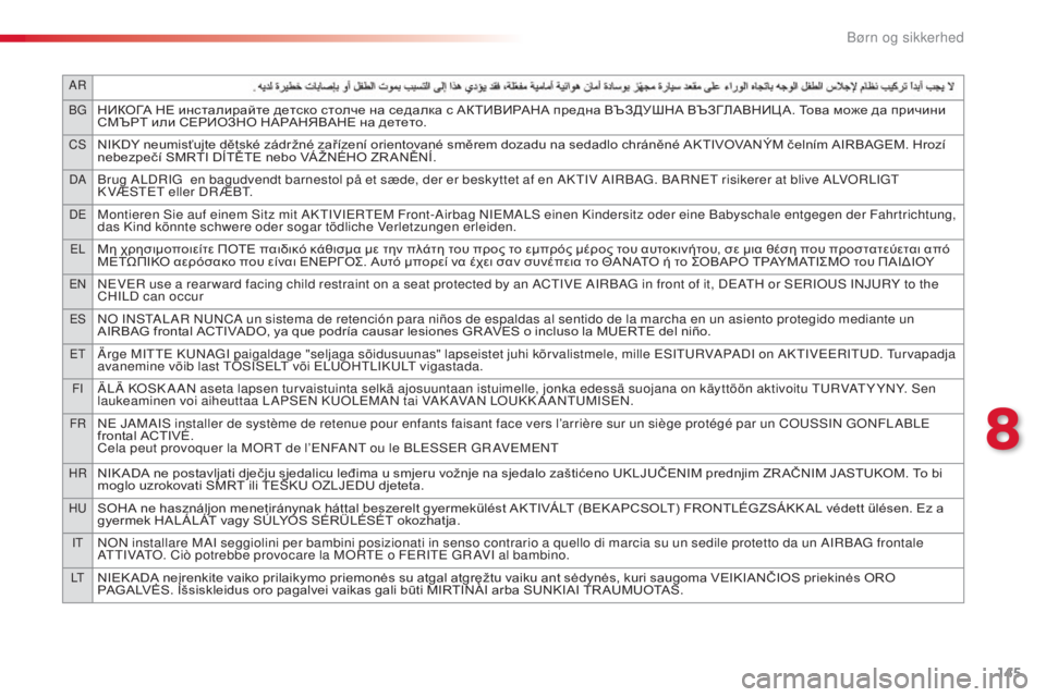 CITROEN C4 CACTUS 2015  InstruktionsbØger (in Danish) 145
Ar
bg
НИКОГА НЕ инсталирайте детско столче на седалка с АКТИВИРАНА предна ВЪЗДУШНА ВЪЗГЛАВНИЦ А. Това може да