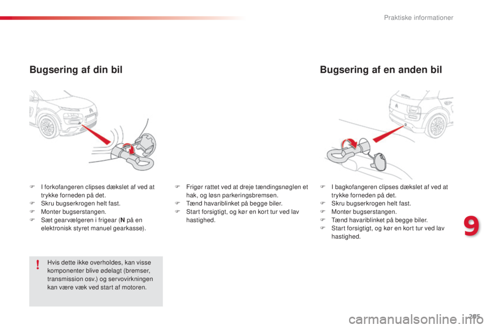 CITROEN C4 CACTUS 2015 InstruktionsbØger (in Danish) 205
C4-cactus_da_Chap09_info-pratiques_ed02-2014
Bugsering af en anden bil
F I bagkofangeren clipses dækslet af ved at trykke forneden på det.
F
s
k
ru bugserkrogen helt fast.
F
M
onter bugser CITROEN C4 CACTUS 2015 InstruktionsbØger (in Danish) 205
C4-cactus_da_Chap09_info-pratiques_ed02-2014
Bugsering af en anden bil
F I bagkofangeren clipses dækslet af ved at trykke forneden på det.
F
s
k
ru bugserkrogen helt fast.
F
M
onter bugser