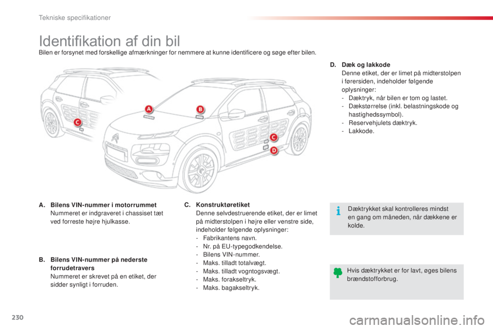 CITROEN C4 CACTUS 2015 InstruktionsbØger (in Danish) 230
C4-cactus_da_Chap11_caracteristiques-techniques_ed02-2014
Identifikation af din bilbilen er forsynet med forskellige afmærkninger for nemmere at kunne identificere og søge efter bilen.
A.
B
ile CITROEN C4 CACTUS 2015 InstruktionsbØger (in Danish) 230
C4-cactus_da_Chap11_caracteristiques-techniques_ed02-2014
Identifikation af din bilbilen er forsynet med forskellige afmærkninger for nemmere at kunne identificere og søge efter bilen.
A.
B
ile