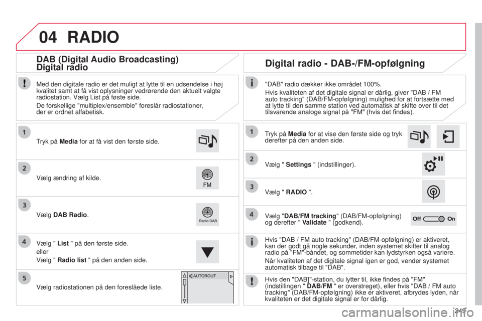 CITROEN C4 CACTUS 2015  InstruktionsbØger (in Danish) 04
249
RADIO
Hvis "DAb / FM auto tracking" (DAb/FM-opfølgning) er aktiveret, 
kan der godt gå nogle sekunder , inden systemet skifter til analog 
radio på "FM"-båndet, og sommetide